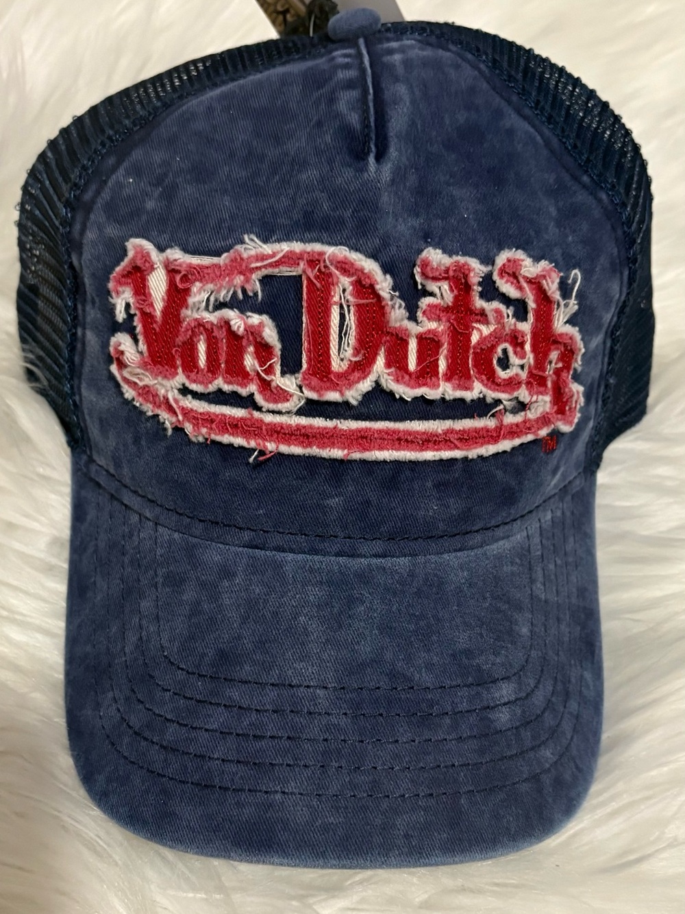 Von Dutch Distressed Denim Look Navy Cap with Mesh Back - One Size Fits Most
